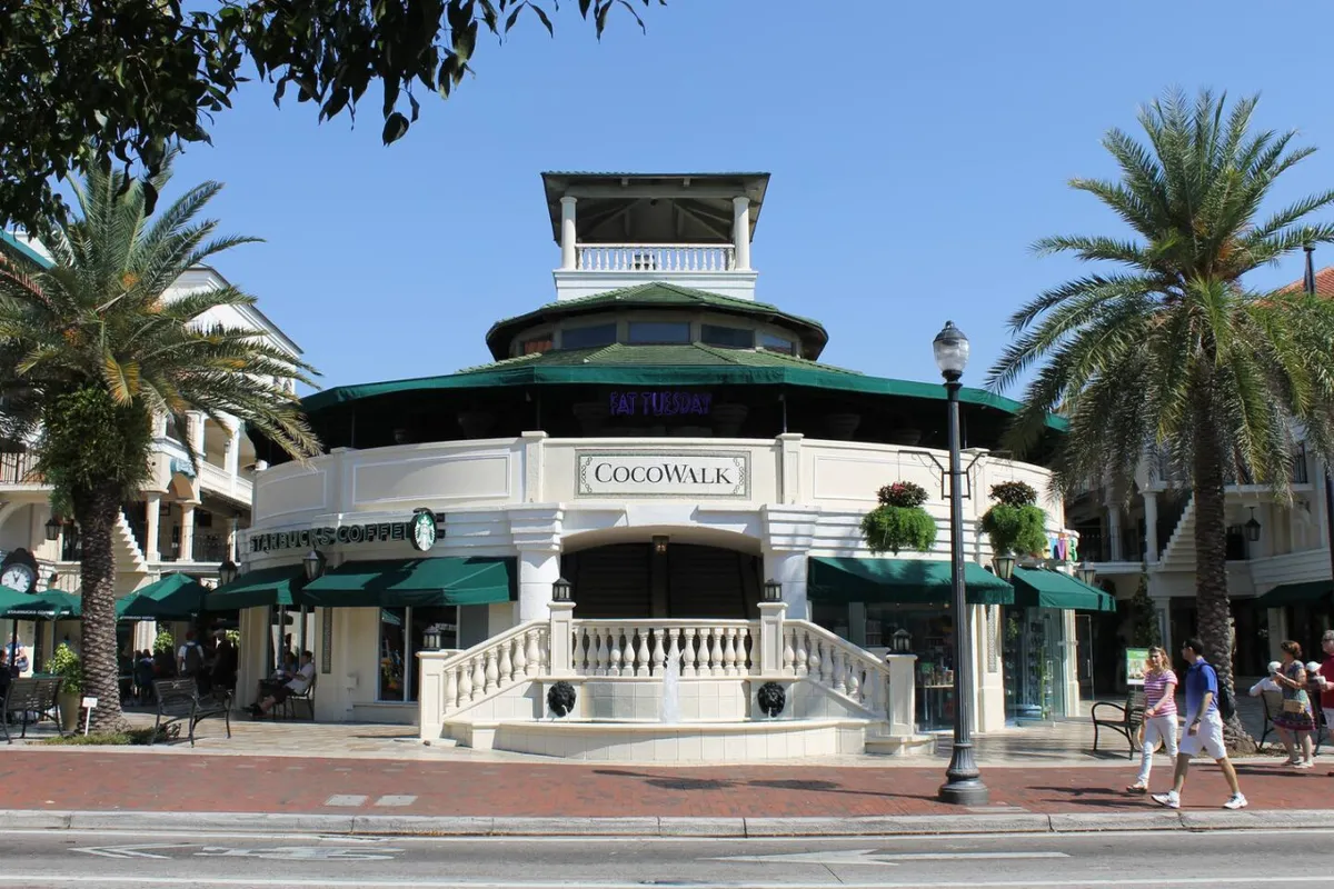 An inviting street scene in front of CocoWalk, showing the building’s facade, shaded outdoor seating areas, palm-lined sidewalks, and people enjoying the energetic city ambiance. The visual cues of walkability and tropical atmosphere reinforce the urban Miami experience.